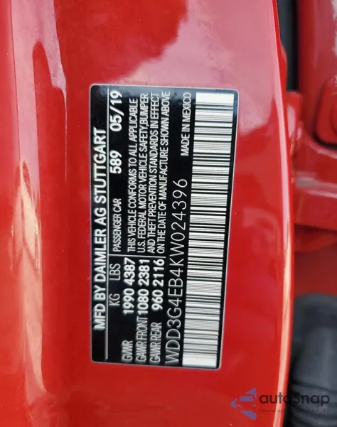 2019 Mercedes-Benz A 220 из США, поврежденный, VIN WDD3G4EB4KW024396